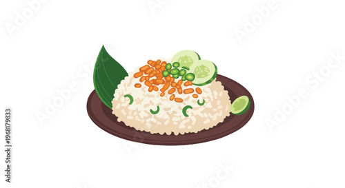 Stylized illustration of a delicious fluffy white rice serving garnished with crisp orange toppings fresh green vegetables and a refreshing lime