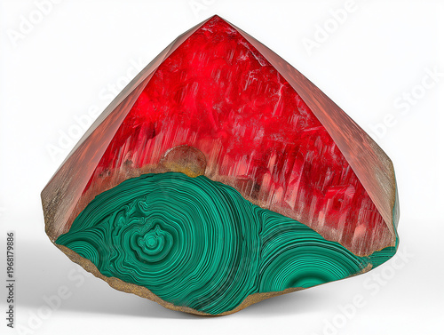 Bicolor Gemstone Sculpture — Ruby Crystal and Malachite Bands on White, High‑detail macro of faceted red crystal fused with banded green malachite on white—luxury mineral art for branding and print.