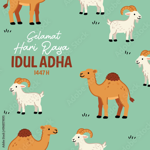 Selamat Hari Raya Idul Adha Celebration with Cartoon Camels and Goats