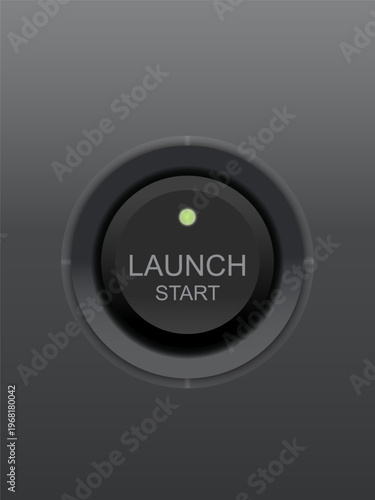 Realistic black launch start button with green LED indicator on dark gradient background. Modern industrial push button UI design.