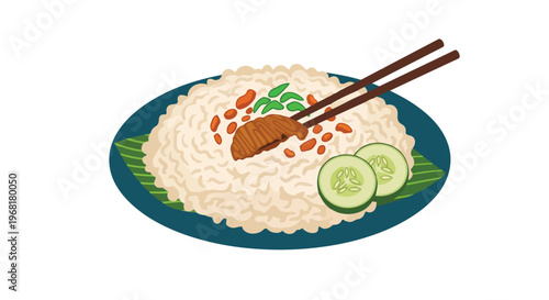 Stylized rendering of fragrant rice with crispy toppings and fresh cucumber, perfect for traditional cuisine concepts