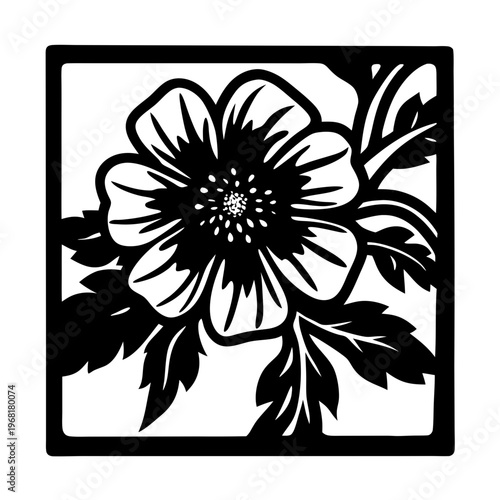 Floral laser cut template with anemone flower, botanical wood carving pattern vector, decorative square panel for CNC and paper cutting