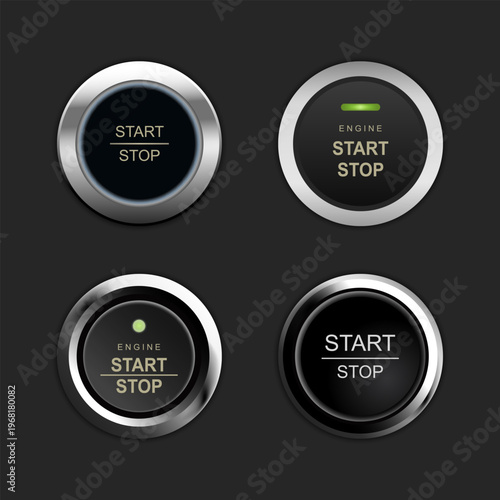 Realistic car engine start stop button set with metallic chrome rings and green light indicators. Modern automotive push ignition UI icons.