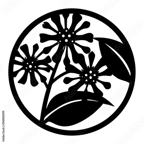 Minimalist floral stencil vector, black circular flower silhouette, botanical garden motif for laser cutting and vinyl decals