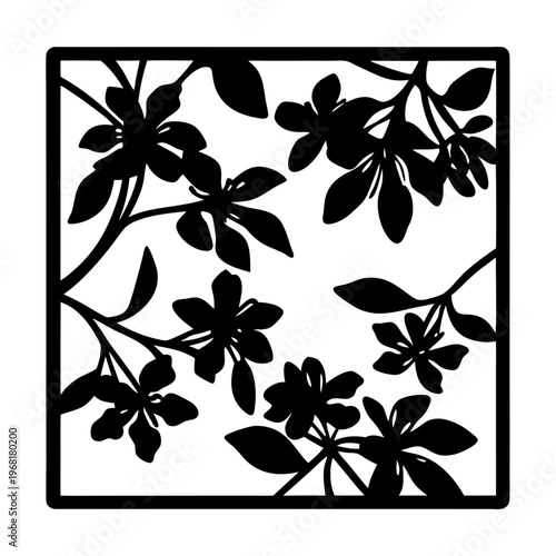 Floral laser cut panel vector, decorative flower silhouette stencil, botanical square frame for paper cutting and wood engraving