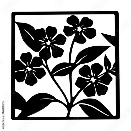 Vintage floral silhouette vector, black botanical flower illustration in square frame, elegant garden blossom stencil for laser cutting and crafts