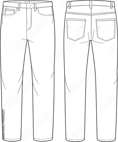 Technical flat sketch of pants front and back views with waistband, belt loops, fly front, coin pocket, patch pockets, and seam details