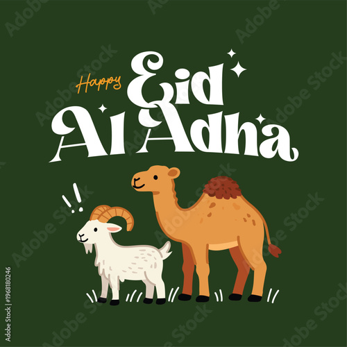 Happy Eid Al Adha Celebration with Camel and Goat Illustration