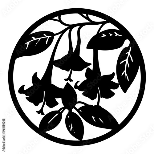 Vintage floral silhouette vector, botanical trumpet flower circle emblem, black and white garden plant stencil for laser cutting and engraving