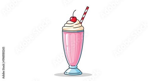 Charming vector illustration of a sweet pink milkshake with whipped cream, cherry, and striped straw
