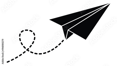 A simple black paper airplane soars through the air leaving a dotted trail behind it a striking silhouette high quality professional