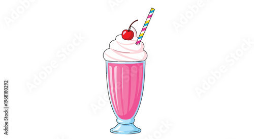 A delightful pink milkshake, crowned with fluffy whipped cream, a sweet cherry, and a festive striped straw, offering a refreshing and cheerful