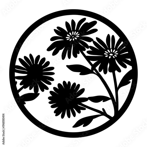 Black floral silhouette in circular frame, minimalist daisy flower vector illustration, botanical garden blossoms for laser cutting and vinyl decals