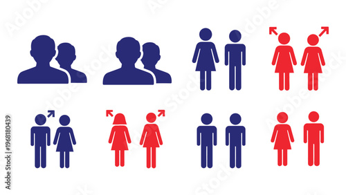 A collection of blue and red human figures in various arrangements representing diverse relationships shown as a silhouette high quality professional