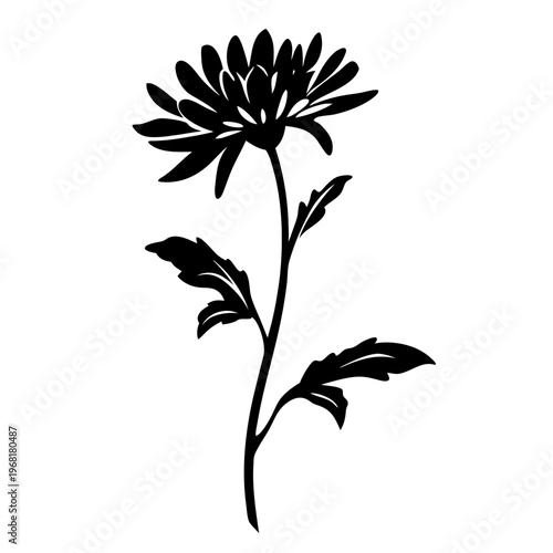 Black chrysanthemum flower silhouette, botanical floral vector illustration, minimalist garden blossom icon, elegant nature stencil design