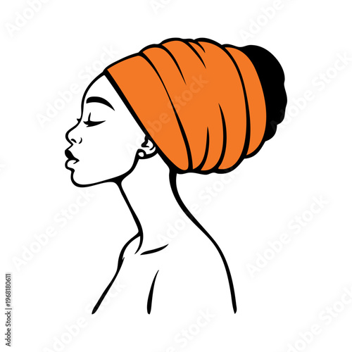 Logotipo boutique de moda. Dibujo de una mujer negra africana con un pañuelo de color naranja en la cabeza, de perfil