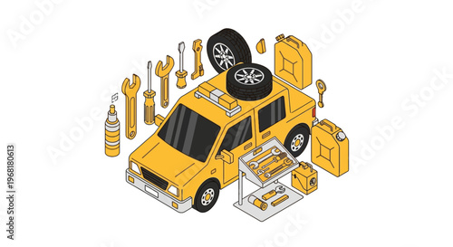 Isometric illustration of a yellow repair van surrounded by tools, tires, and fuel cans