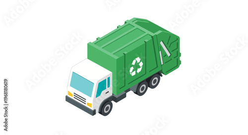 Isometric view of a green and white garbage truck with a recycling symbol on a white background