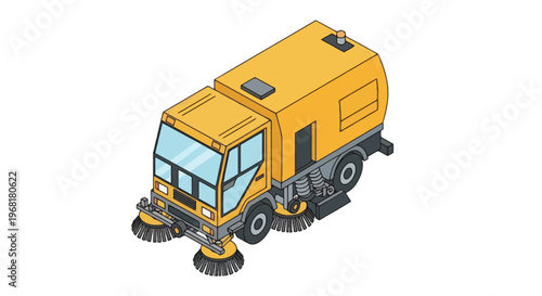 Isometric illustration of a yellow street sweeper truck with rotating brushes