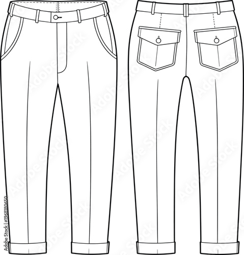 Technical flat sketch of pants front and back views with waistband, belt loops, fly front, side pockets, flap pockets, and cuffed hems