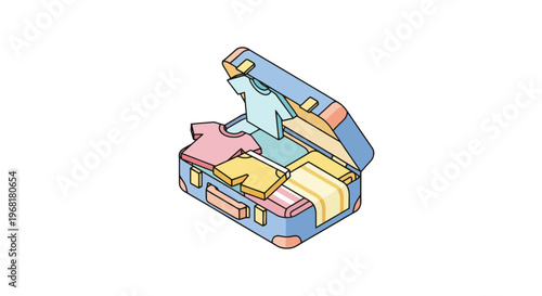 Isometric view of an open suitcase packed with colorful clothes