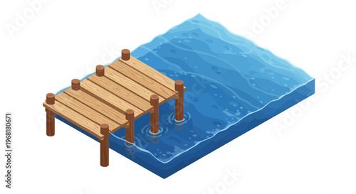 A wooden dock extends into clear blue water, illustration with isometric perspective
