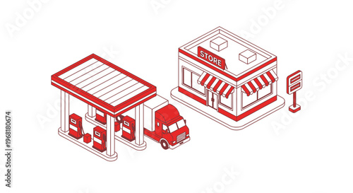 Isometric view of a gas station with a truck, a store, and a sign, all in red outline
