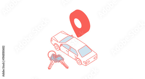 Isometric illustration of a car with a location pin, and keys, all with a minimalist design