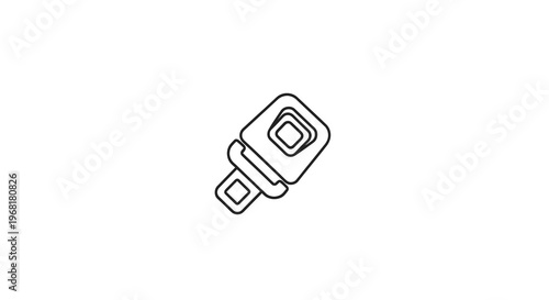 A minimalist line drawing of a seatbelt buckle, slightly angled on a white background