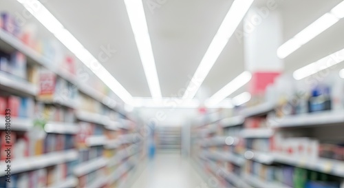 Blurred Supermarket Aisle with Shelves and Products.
