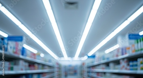Blurred Supermarket Aisle with Fluorescent Lighting.