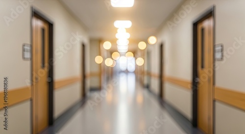 Long Hospital Corridor with Doors and Lights.
