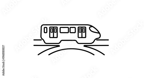 A minimalist black-and-white icon depicts a train on tracks, curved and centered