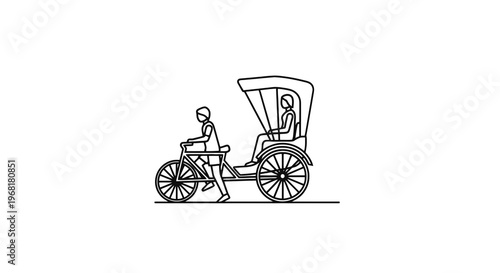 Simple line drawing depicts a rickshaw with two passengers