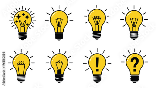 A collection of eight yellow lightbulbs displaying various icons inside including a star exclamation mark and question mark silhouette high quality