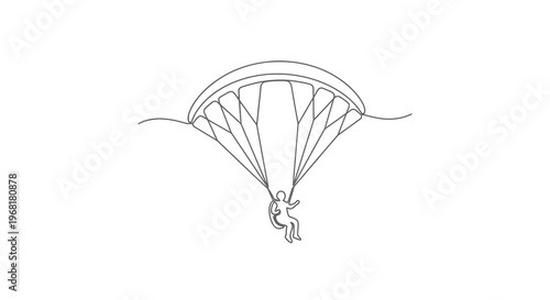 Minimalist line art depicting a skydiver suspended from a parachute. Simple and elegant