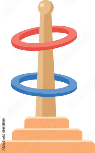 Wooden ring toss game with colorful hoops and peg base, classic carnival toy vector illustration for kids entertainment, fairground activity and leisure play concept