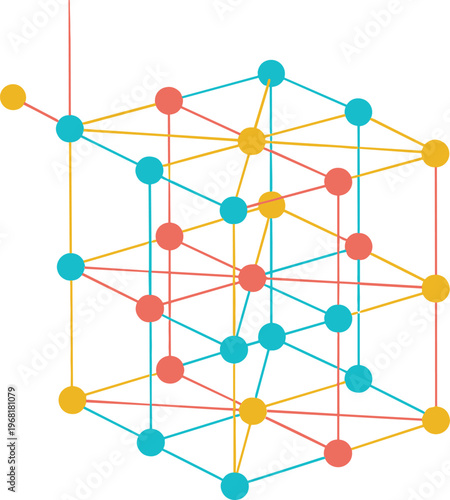 Abstract network structure with connected nodes and lines, data communication and digital connectivity concept, colorful geometric vector illustration for technology and science design