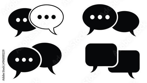 Four black speech bubbles with varying shapes and ellipsis inside set against a white background silhouette high quality professional detailed modern
