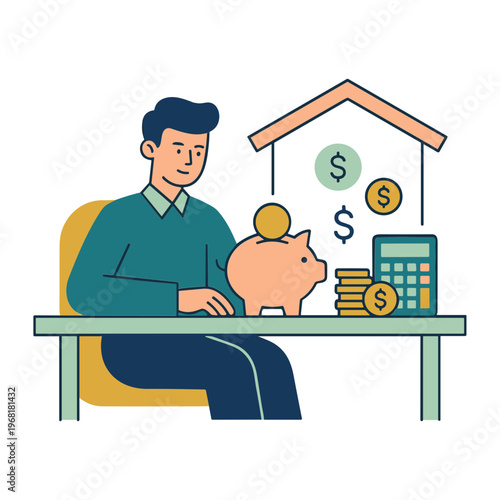 Man sitting at desk with piggy bank and calculator saving money for house