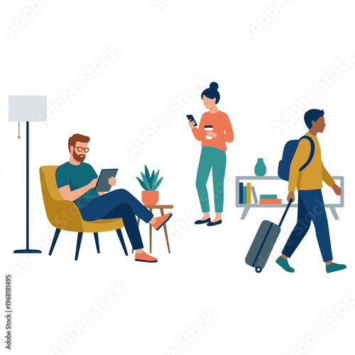 People interact in a modern home interior with furniture and technology