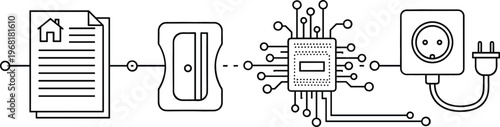 Smart home automation workflow with document, smart contract, microchip processor and power plug connection, modern technology system vector illustration
