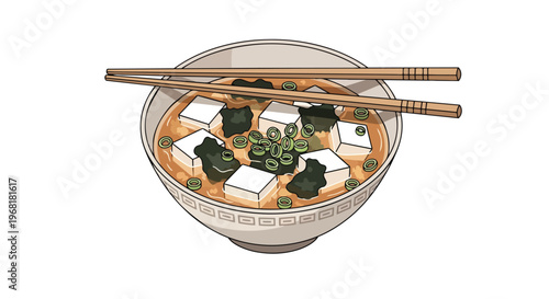 Japanese miso soup graphic. Tofu, seaweed, scallions, chopsticks, patterned bowl. Clean lines. Healthy, delicious asian food. Simple illustration.