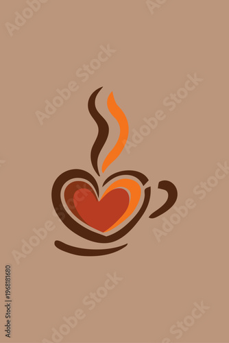 Logo cafetería. Dibujo sencillo con líneas de una taza de café humeante con forma de corazón en varios colores 