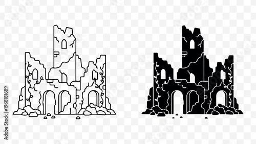 ruined castle, modern outline and solid icon set, minimal ui symbol, ancient fortress, medieval, app, web, branding isolated on Transparent Background