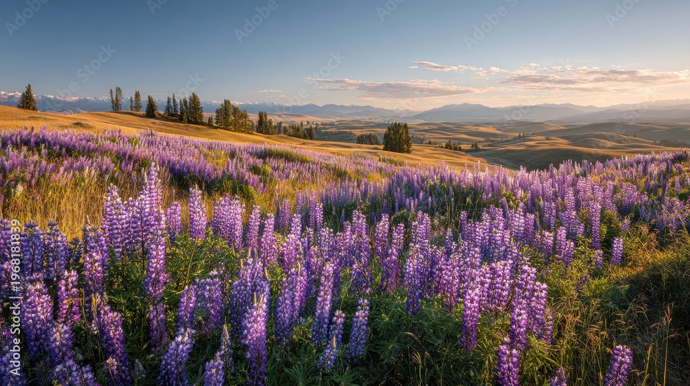 Fototapeta premium Rolling hills dotted with lupine blossoms under a clear blue sky