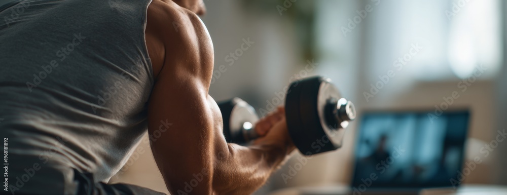 Fototapeta premium Man lifting dumbbell while watching online workout video on laptop 