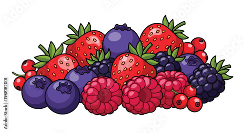 Vibrant cartoon mixed berry mix, featuring strawberries, blueberries, raspberries, blackberries, and redcurrants, symbolizing health and