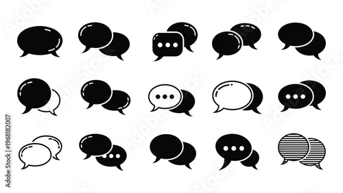 A collection of overlapping black speech bubbles and thought balloons arranged on a white background a striking silhouette high quality professional