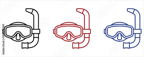 Snorkeling Mask and Diving Gear Icon Set with Snorkel Tube Symbol for Summer Vacation Vector Illustration.